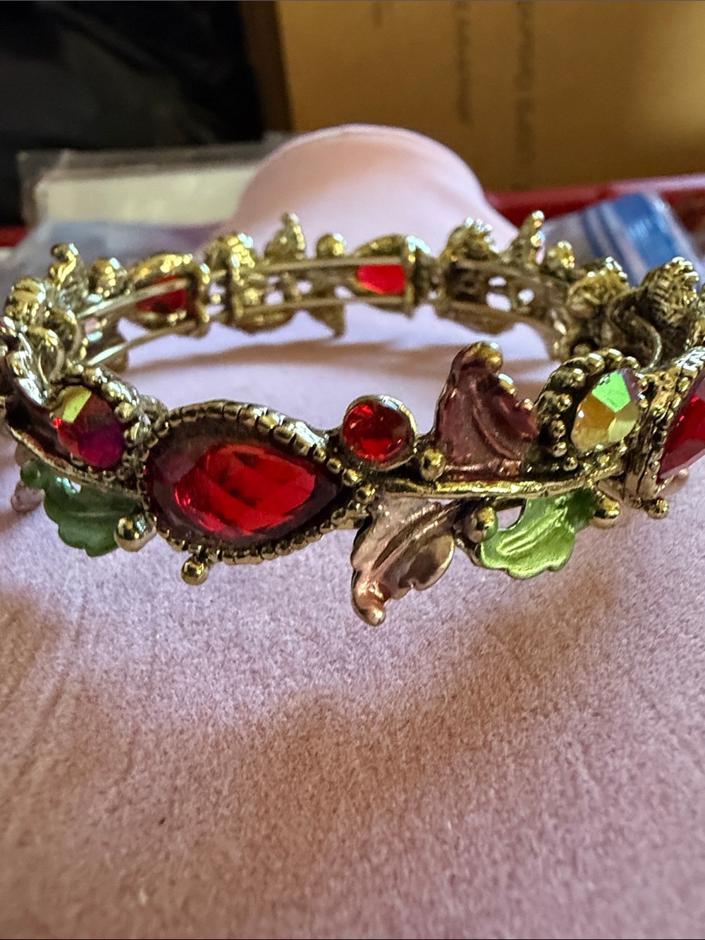 Gold-Tone Red Gemstone Floral Adjustable Cuff Bracelet, .5” Tall, (J0281)